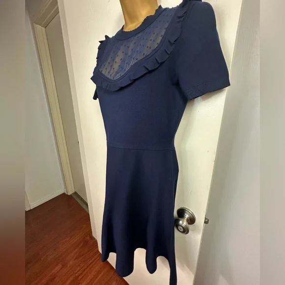 Draper James Ruffle Sheer Yoke Viscose A Line Sweater Dress Nassau Blue NWOT XS - Picture 11 of 16